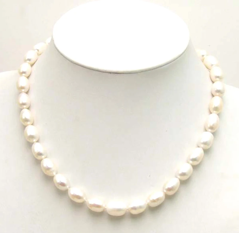 

Qingmos Natural Freshwater White Pearl Necklace for Women with 9-10mm Rice Pearl Chokers 17" Fine Jewelry Collier naszyjnik 5349