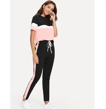 Color Block Tee And Drawstring Tape Pants Set Streetwear Short Sleeve Women Tracksuit 2019 Spring Casual 2 Piece Set
Color Block Tee And Drawstring Tape Pants Set Streetwear Short Sleeve Women Tracksuit 2019 Spring Casual 2 Piece Set