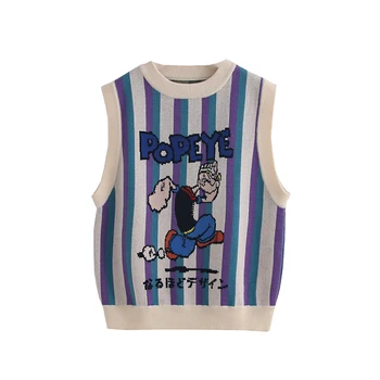 Women Sweaters Striped Sleeveless Knitted Vest Cotton Vintage Cartoon Embroidery Pullover 2020 Autumn New O-neck Casual Tops 
Women Sweaters Striped Sleeveless Knitted Vest Cotton Vintage Cartoon Embroidery Pullover 2020 Autumn New O-neck Casual Tops