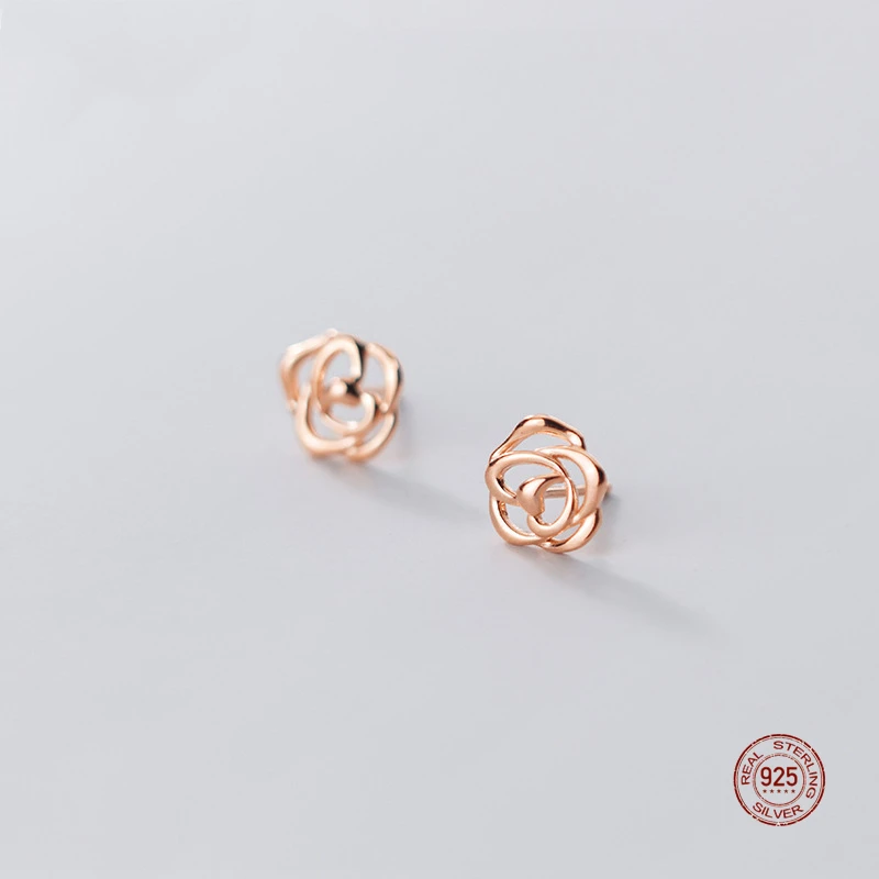 

LKO Real 925 Sterling Silver Stud Earrings For Girls Simple Hollow Sweet Rose Ear Studs For Women Wedding Party Jewellery Gift