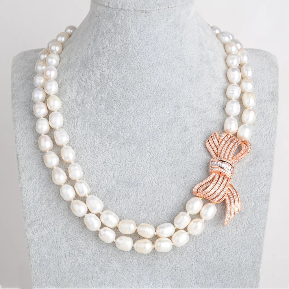 2 Strands Natural White Rice Pearl CZ Necklace 
2 Strands Natural White Rice Pearl CZ Necklace