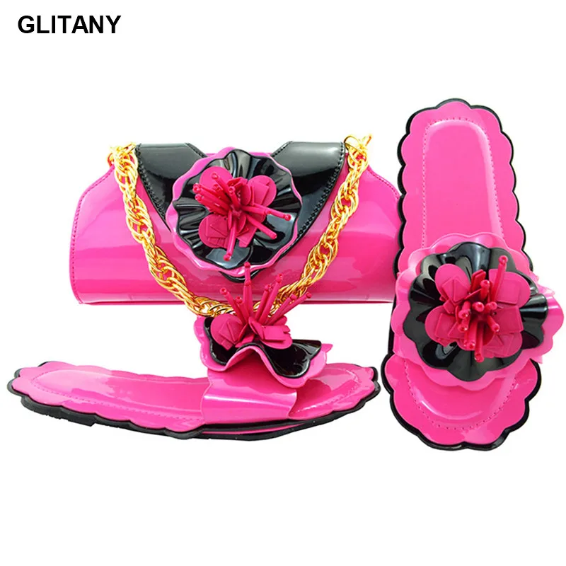New Arrival Fuchsia Color African Shoes and Matching Bags Italian Ladies Bag Set Decorated with Rhinestones | Обувь