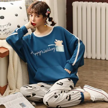 Spring and autumn pajamas women's summer thin pure cotton women's two-piece set of autumn and winter loose large home clothes 
Spring and autumn pajamas women's summer thin pure cotton women's two-piece set of autumn and winter loose large home clothes