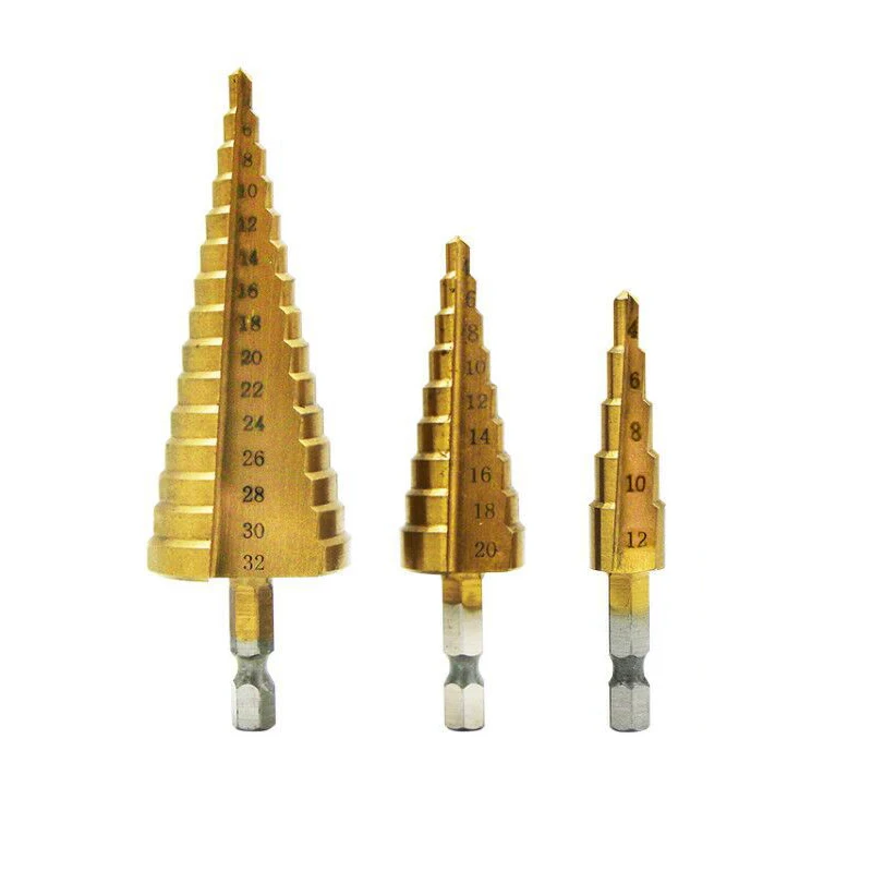 HSS 4241 Hexagonal shank step drill Bit 3-12/4-12/4-20/4-22/4-32 mm Step Cone Cutting Tools Steel Woodworking Metal Drilling Set
HSS 4241 Hexagonal shank step drill Bit 3-12/4-12/4-20/4-22/4-32 mm Step Cone Cutting Tools Steel Woodworking Metal Drilling Set