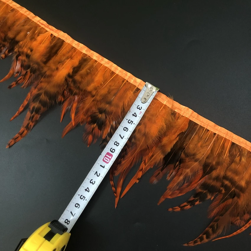 

Price Of 10 Yards Orange Dyed Feather Lace Width 8-13CM Natural Pheasant Plume Trims DIY Chicken Feathers Ribbon Fringes Strips