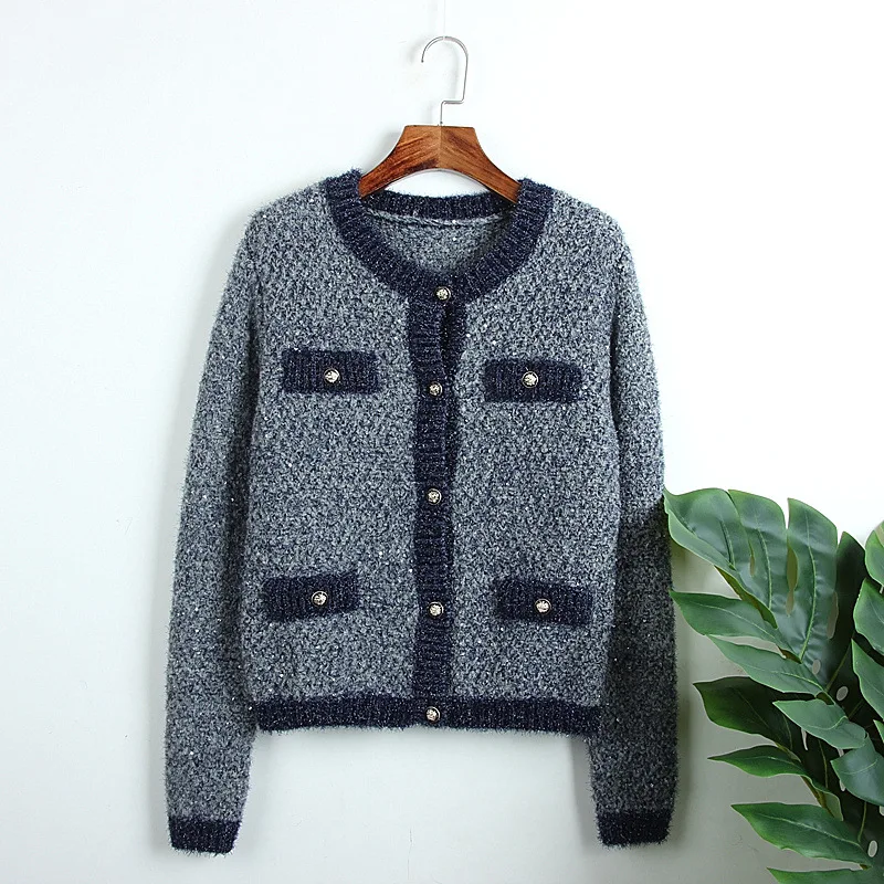 Women Cardigan Color Block Striped Lurex Sweater Coat Elegant Button Runway Luxury Long Sleeve Knitted Grey Outwear Office Lady
Women Cardigan Color Block Striped Lurex Sweater Coat Elegant Button Runway Luxury Long Sleeve Knitted Grey Outwear Office Lady