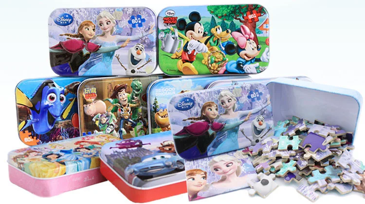 Original Disney Frozen 2 Iron Box Wooden Puzzle 60 Slice Disney Pixar Cars Jigsaw Puzzles Children Educational Toys Gift