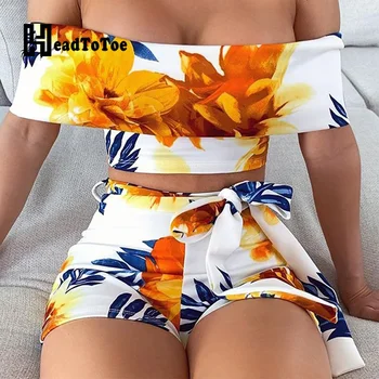 Floral Print Slash Neck Off Shoulder Crop Tops & Tied High Waist Shorts Sets Summer Beach Casual 2 Piece Outfits for Women 
Floral Print Slash Neck Off Shoulder Crop Tops & Tied High Waist Shorts Sets Summer Beach Casual 2 Piece Outfits for Women
