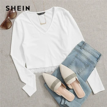 SHEIN White V-neck Lace Hem Rib-knit Tee Crop Top Women Autumn Long Sleeve Slim Fit Solid Casual T-shirt Tops
SHEIN White V-neck Lace Hem Rib-knit Tee Crop Top Women Autumn Long Sleeve Slim Fit Solid Casual T-shirt Tops