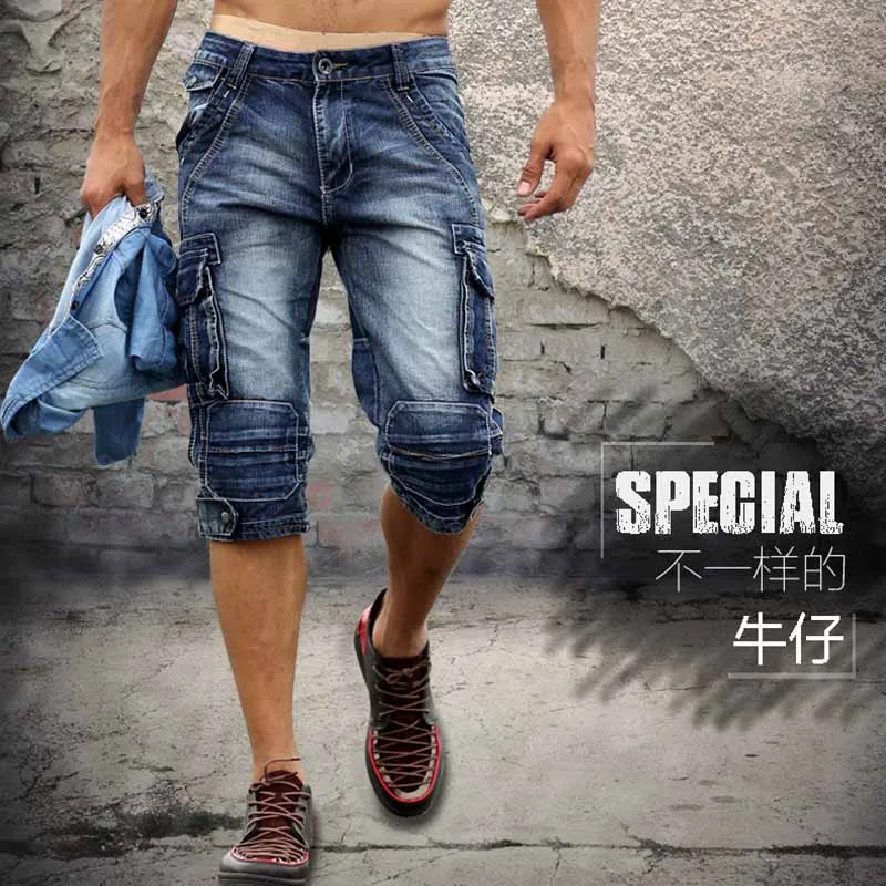 Mcikkny Retro Men's Cargo Denim Shorts Jeans Slim Fit Straight Multi-pockets Military Designer Jeans Shorts For Male Size 29-40 (9)