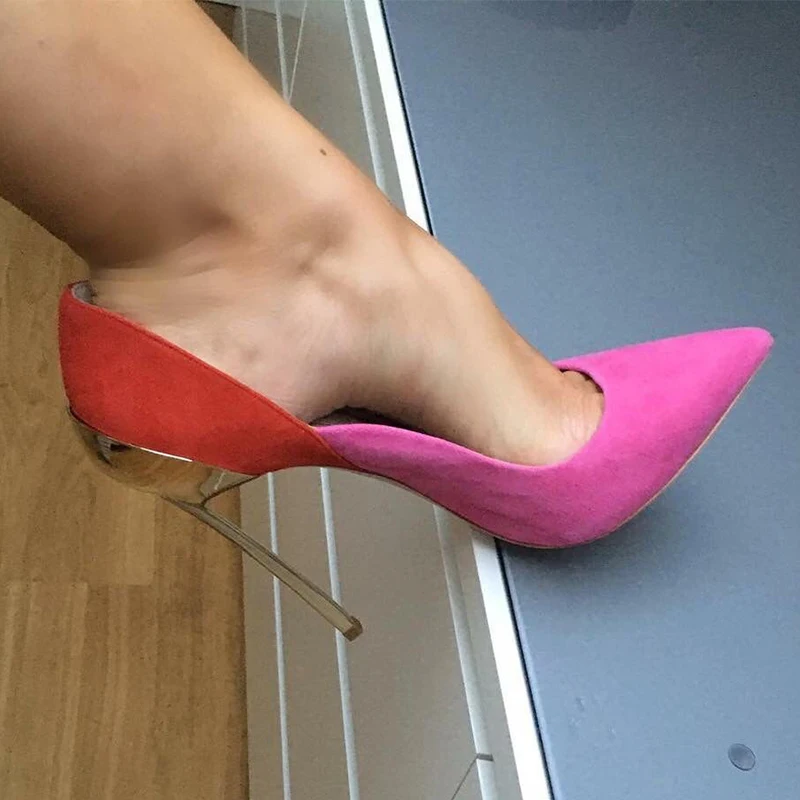 

New Women Pointed Toe Suede Leather Metal Stiletto Heel Pumps Petal Low Cut Pink Blue 10/12cm Slip-on High Heel Ball Dress Shoes