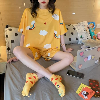Women Rainbow Cloud Print Pajamas Set Summer Pullover Loose Cute Loungewear Short Sleeve Shorts Round Neck Casual Sleepwear S291 
Women Rainbow Cloud Print Pajamas Set Summer Pullover Loose Cute Loungewear Short Sleeve Shorts Round Neck Casual Sleepwear S291
