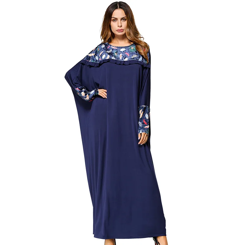 Фото Women Moslim Abaya Dubai 2020 Blue Long Bat-wing Sleeve Turkish Muslim Dress Kaftan Print Loose Islamic Clothing Maxi Dresses |