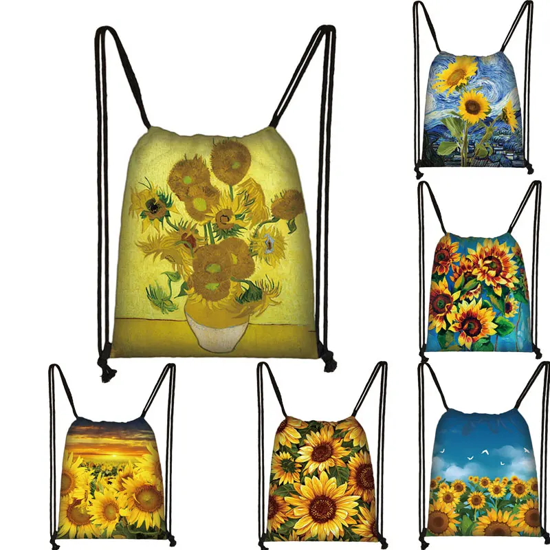 Yellow Sunflower Drawstring Bag Women Canvas Storage Bags Van Gogh Starry Night Backpack Ladies Travel Gift | Багаж и сумки