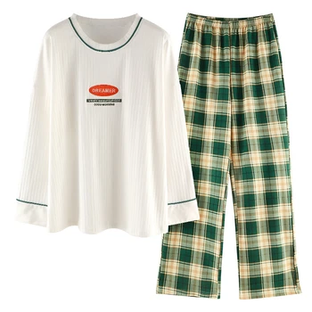 Autumn and winter women's cotton pajamas long-sleeved trousers suit lattice simple loose comfortable home clothes JJF0095 
Autumn and winter women's cotton pajamas long-sleeved trousers suit lattice simple loose comfortable home clothes JJF0095