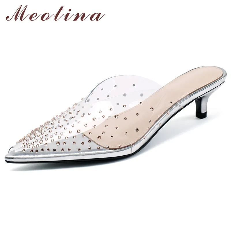 

Meotina Pumps Women Rhinestone Mid Heel Mules Shoes Peep Toe Stiletto Heels Transparent Footwear Female Summer Golden Sliver 39