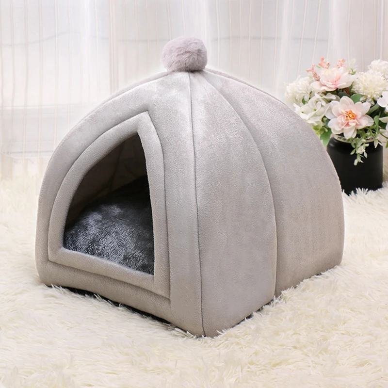 Winter Warm Pet Cat Bed House Soft Foldable Non-slip Bottom Pet Beds Tent Removable Washable Cats Nest Puppy Dog Kennel