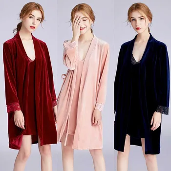 2pcs/set Autumn Women Nightwear Nightdress Night-robe Set Velvet Night Clothing Cuff With Nylon Lace Nightgown 
2pcs/set Autumn Women Nightwear Nightdress Night-robe Set Velvet Night Clothing Cuff With Nylon Lace Nightgown
