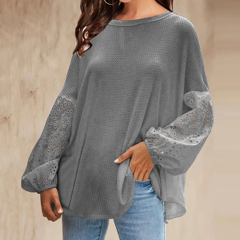 

LOOZYKIT 2019 New Lantern Sleeve Women T shirts Loose Solid Long Sleeve Lady Tops Korean O-neck White Hollow Out Autumn T shirt