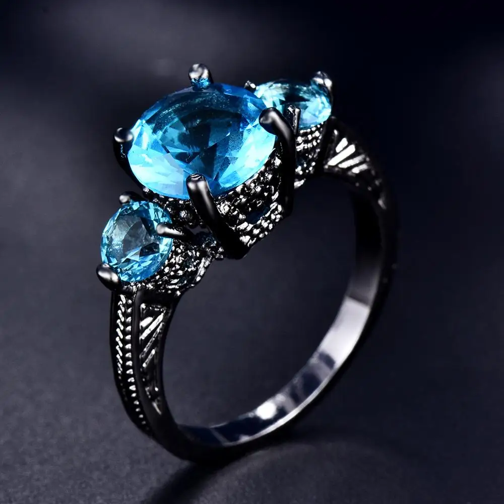 Blaike Three Aqua Blue Stone Cubic женские кольца на палец Vintage Black Gold Filled Свадебный ювелирные