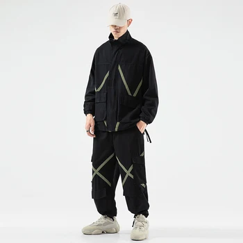 

Hiphop Suit Male Set Track Suits Sweatsuit Man Tracksuit Mens Set Pant Zipper Pockets Patchwork Outwear 2PC Jacket+Pants Sets