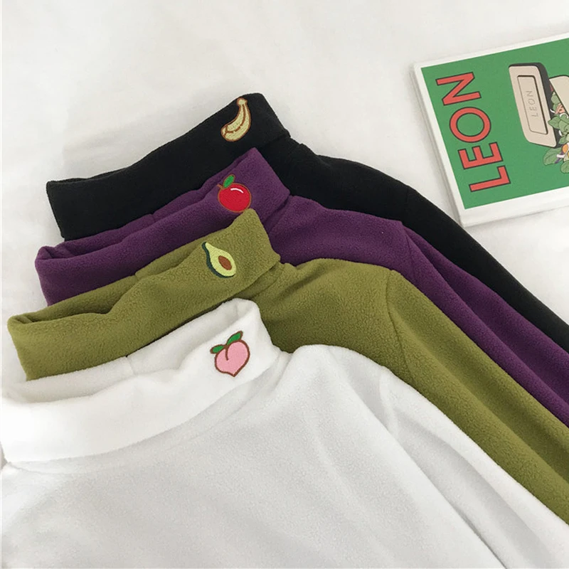 Half-high Collar Winter Chic Bottoming Women Long Sleeve T-shirts Thickening Wild Fruit Embroidery Turtleneck Female Fleece Tees
Half-high Collar Winter Chic Bottoming Women Long Sleeve T-shirts Thickening Wild Fruit Embroidery Turtleneck Female Fleece Tees