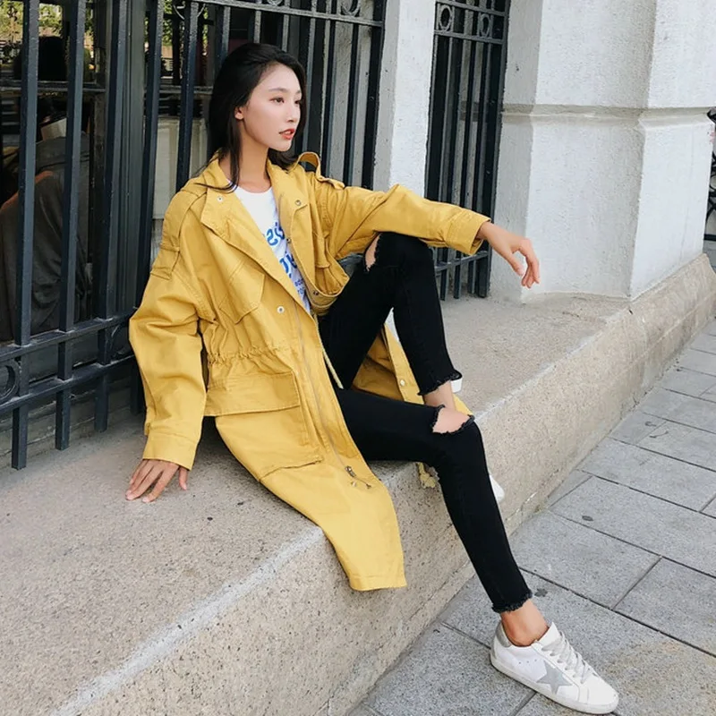 

Photo Shoot South Korea Autumn Clothing New Style Ginger White Stand Collar Drawstring Trench Coat Women's BF Workwear Mid-lengt