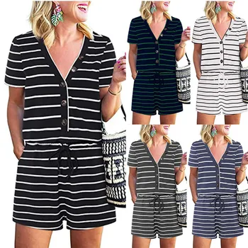 Summer Stripe Jumpsuit Womens Short Sleeve Button V-neck Slim Jumpsuit Playsuit With Pockets Femme Jumpsuit Mono Mujer Verano
Summer Stripe Jumpsuit Womens Short Sleeve Button V-neck Slim Jumpsuit Playsuit With Pockets Femme Jumpsuit Mono Mujer Verano
