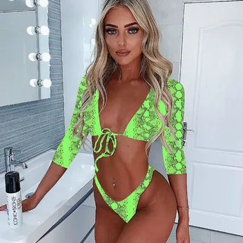 Snake Print Two Piece Swimsuit Full Sleeve High Cut Thong Swimwear Bathing Suit Sexy Women One Shoulder Bandage Bikini Set
Snake Print Two Piece Swimsuit Full Sleeve High Cut Thong Swimwear Bathing Suit Sexy Women One Shoulder Bandage Bikini Set