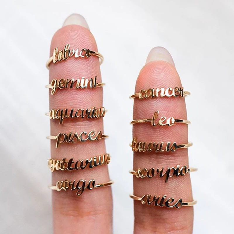 Minimalist thin Open Gold 12 Star Signs Finger Rings Birthday Friendship Jewelry Gift Personality Zodiac For Women | Украшения и