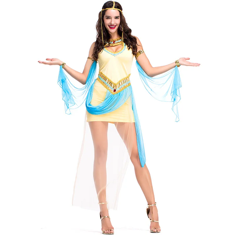 

Women's Sexy Queen Cleopatra Costume Yellow Mesh Dress Fancy Halloween Purim Party Costumes