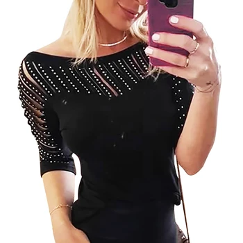 Women Tshirt Crystal Hollow Sleeve Three Quarter Sleeve Top O Neck Tee Fashion Casual Ladies Tshirt Streetwear Trendy Shirt D30 
Women Tshirt Crystal Hollow Sleeve Three Quarter Sleeve Top O Neck Tee Fashion Casual Ladies Tshirt Streetwear Trendy Shirt D30