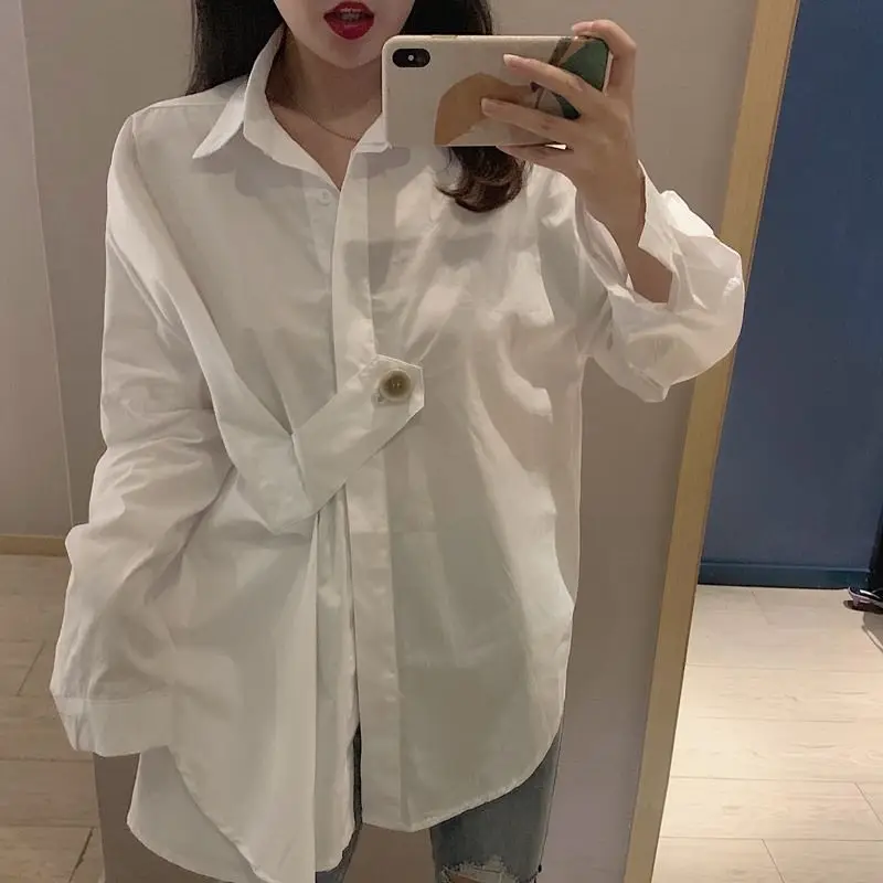 

Women Tops and Blouses Korean Fashion Style Oversize Shirt Ladies Designer Button Long Sleeve Irregular Blouse Harajuku Clothing