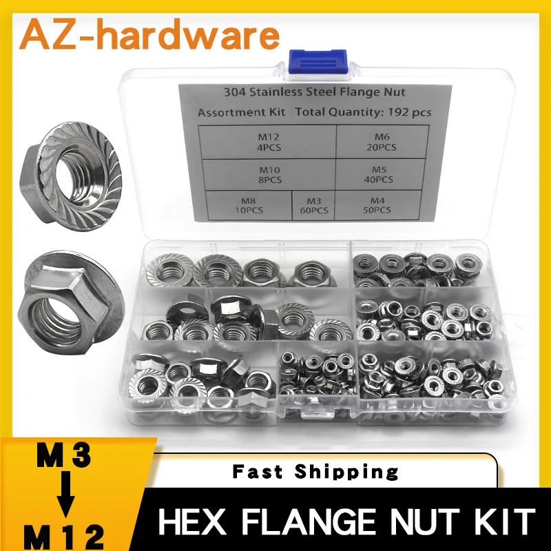 DIN6923 Flange Nut Combination Set M3 M4 M5 M6 M8 M10 M12 Metric Hex Flange Nut Set 304 Stainless Steel 192PCS
DIN6923 Flange Nut Combination Set M3 M4 M5 M6 M8 M10 M12 Metric Hex Flange Nut Set 304 Stainless Steel 192PCS