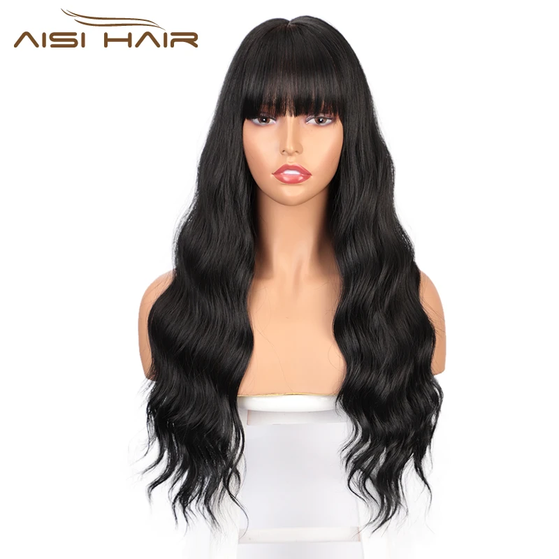 AISI HAIR 26 дюймов натуральные волнистые длинные парики с челкой черный парик