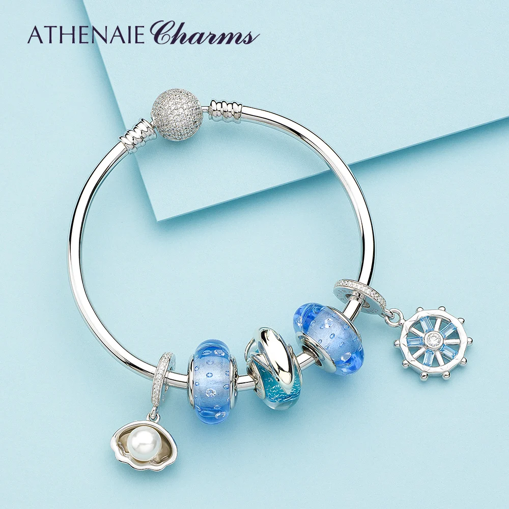 

ATHENAIE 925 Sterling Silver Ocean Themed Charms Bracelet with Murano Glass Beads For Women Girl Valentine'Day Birthday Gifts