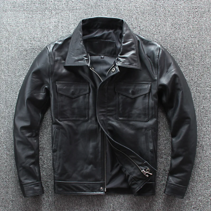 

Lapel Mens Motorcycle Slim Multiple pockets Black Genuine Biker Jacket Men Casual Cowhide Real Leather Zipper Coat