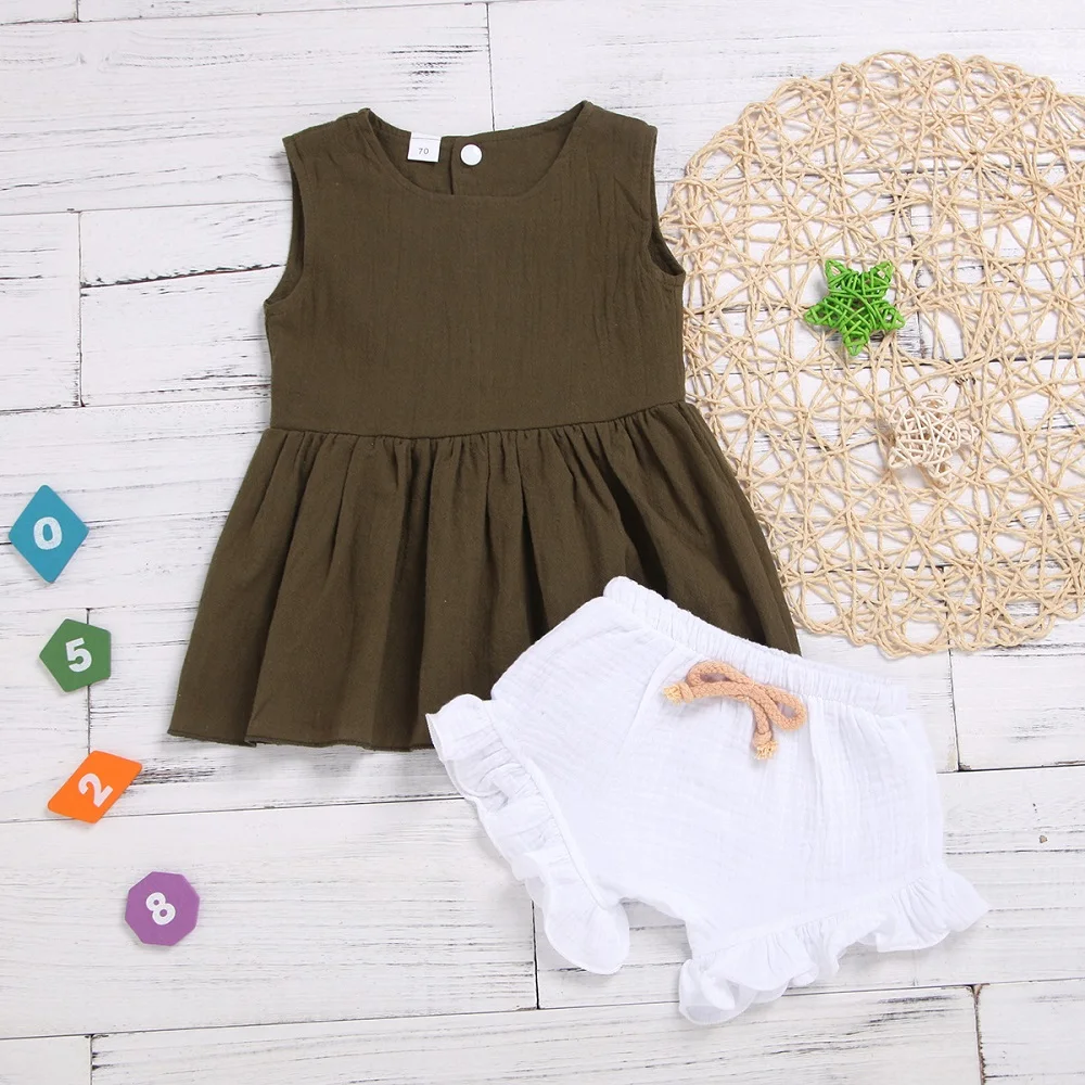 Clothing Sets Summer Girls Sleeveless Cotton Linens Casual Solid Vests Style Ruffle Dress+Shorts Two-Piece Suits 0-24Months 
Clothing Sets Summer Girls Sleeveless Cotton Linens Casual Solid Vests Style Ruffle Dress+Shorts Two-Piece Suits 0-24Months
