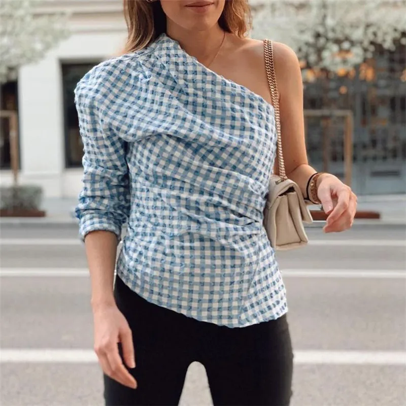 

Evfer Spring Summer Chic Lady Fashion Skew Collar Blue Plaid Long Blouse Women Stylish Long Single Sleeve Slim Pleated Shirts