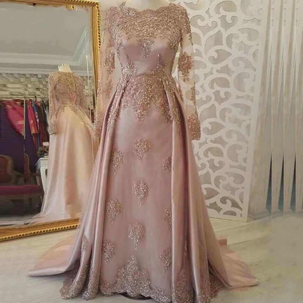 

Muslim Pink Applique Evening Dresses Scoop Neck Long Sleevs Wedding Party Prom Gown A-line Zipper robes de soirée فساتين الس