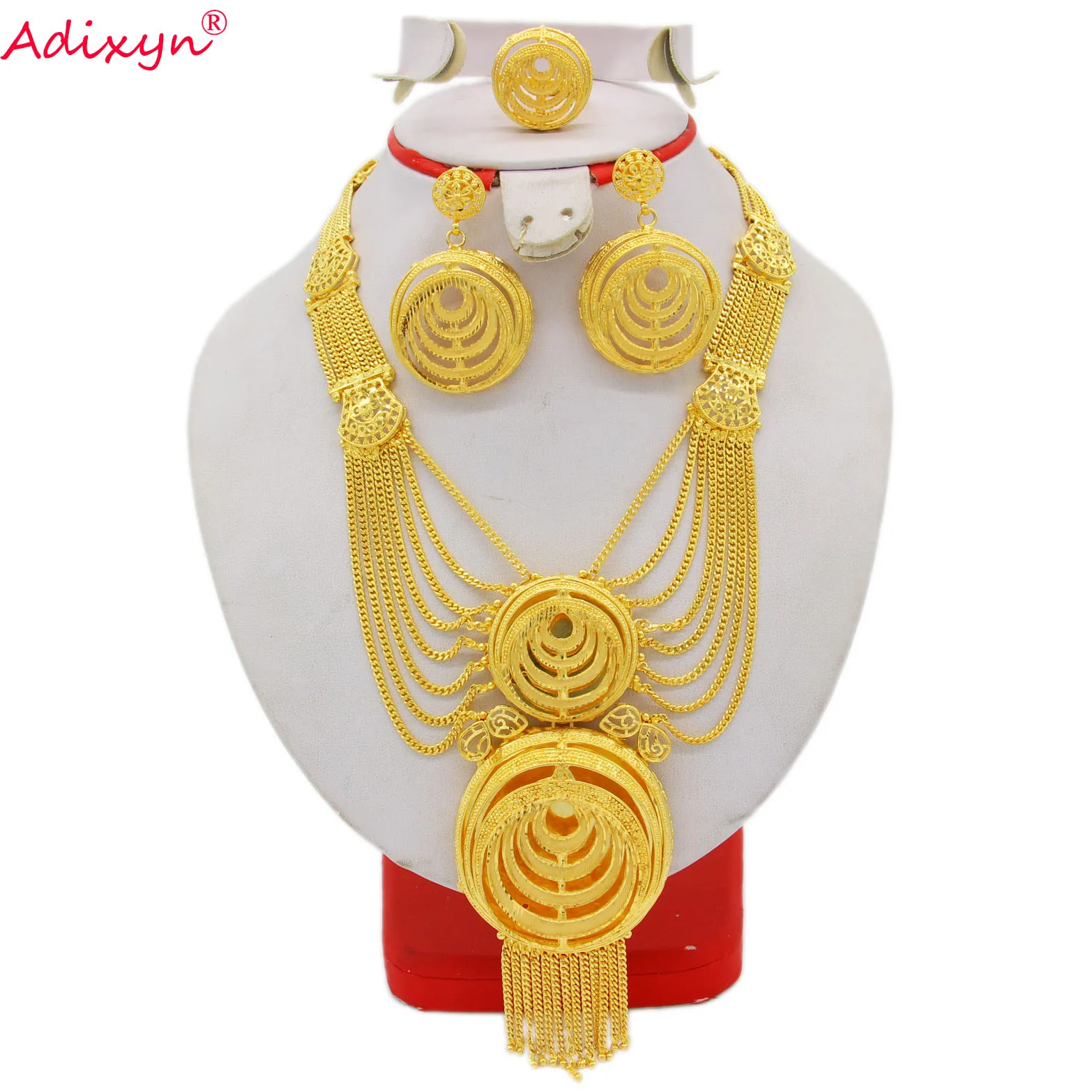 

Adixyn Dubai 24K Gold Color Jewellry Set for Women India African Bridal Wedding Gifts Tassles Necklace/Earrings/Ring Set N122717