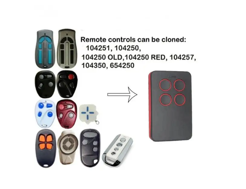 For 104251, 104250, 104257, 104350, 654250 Duplicator Multi frequency 280-868mhz garage door Remote Control
For 104251, 104250, 104257, 104350, 654250 Duplicator Multi frequency 280-868mhz garage door Remote Control