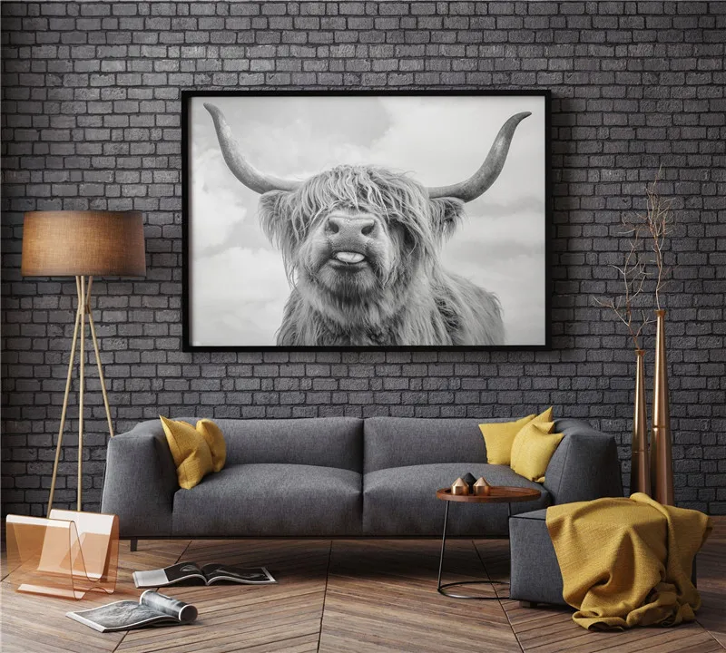 Черно белый Highland Корова Крупный рогатого скота настенная Картина на холсте в