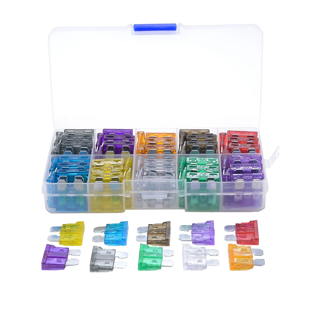 

100pcs/lot Car Auto Medium Size Standard Blade Fuse Box Plastic Box Assortment with 2A 3A 5A 7.5A 10A 15A 20A 25A 30A 35A Fuses