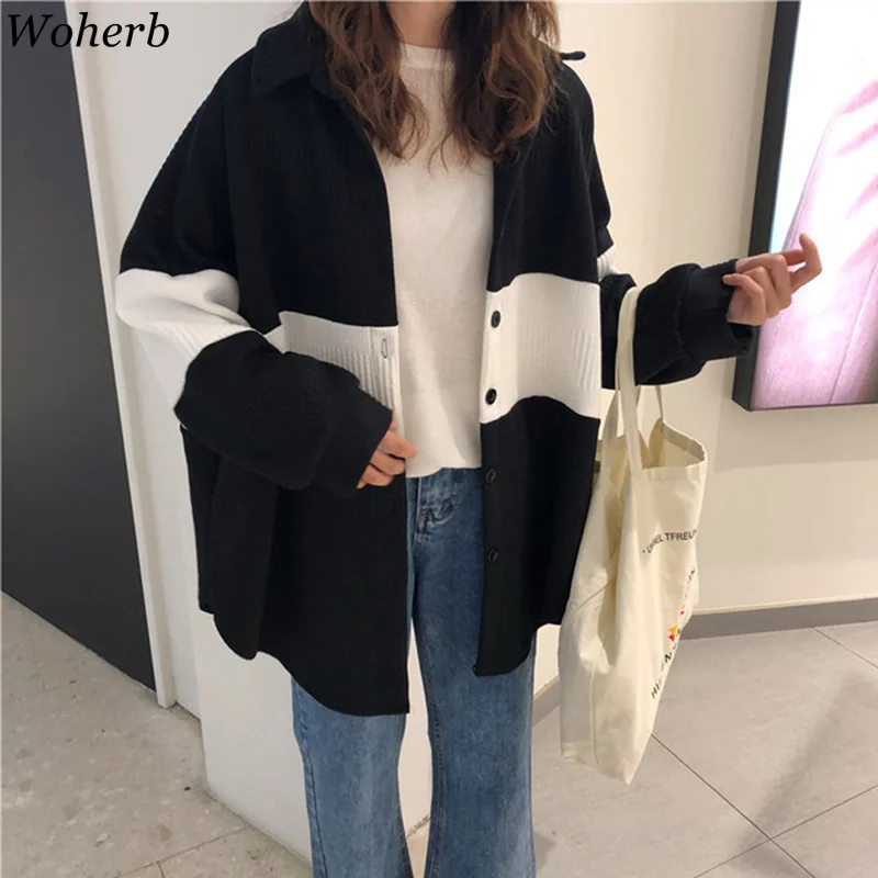 Woherb Korean Oversized Cardigan Women Turn-down Collar Single Breasted Sweater Coat Striped Contrast Color Knitted Jumper 2019
Woherb Korean Oversized Cardigan Women Turn-down Collar Single Breasted Sweater Coat Striped Contrast Color Knitted Jumper 2019