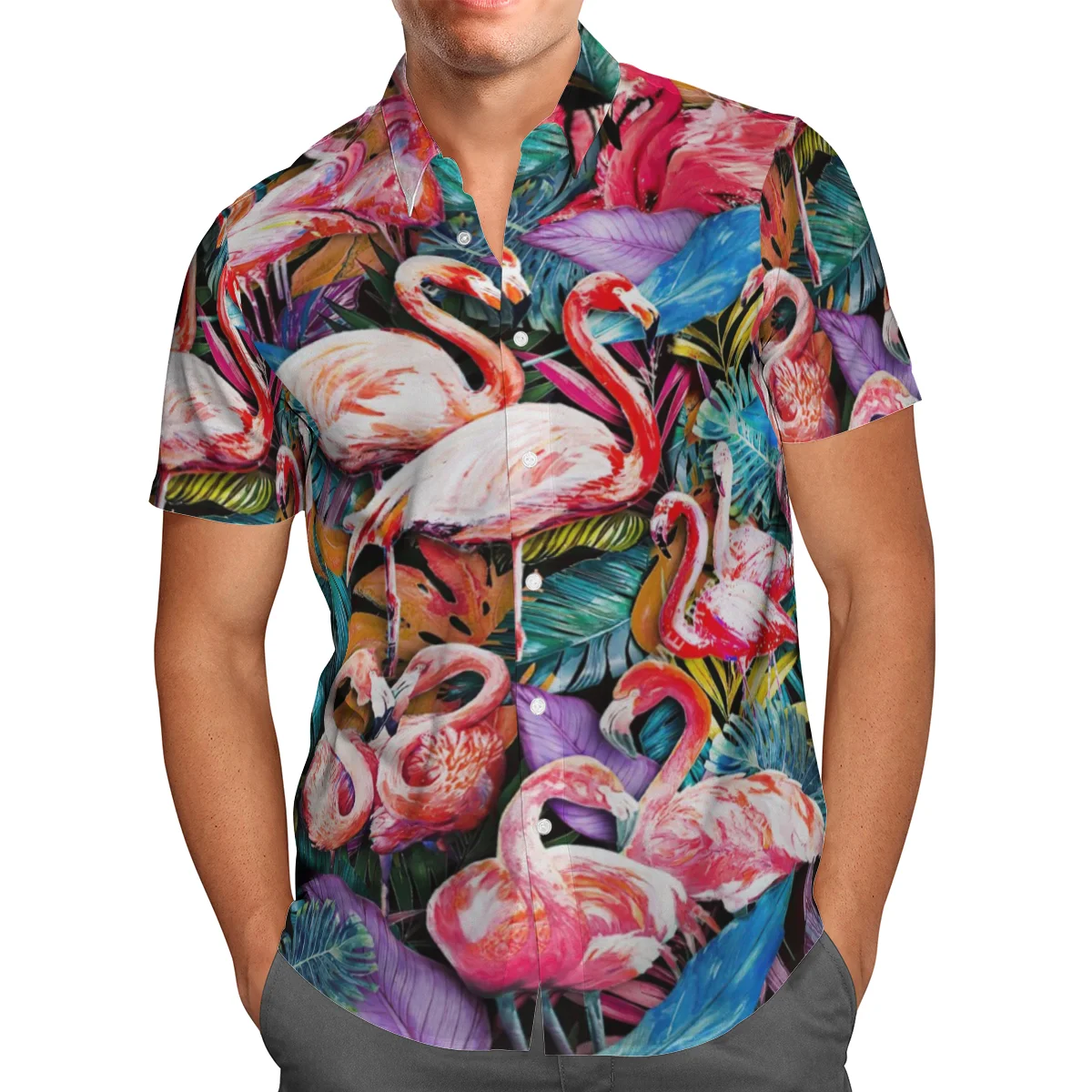 Пляжная гавайская рубашка с 3D-принтом фламинго лето 2021 коротким рукавом уличная