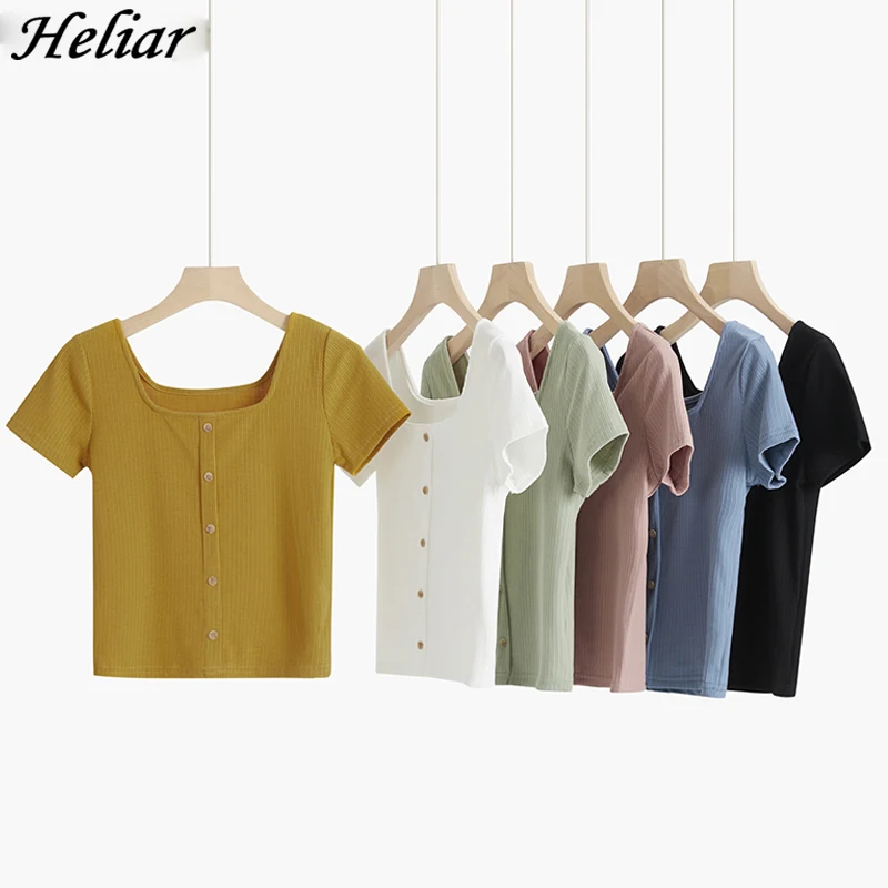 HELIAR Buttoned Up Chic T-shirt Square Neck Knitting Cute Tops Lady's Pure Cotton Ladies T-shirt Women Short Sleeve T-shirt
HELIAR Buttoned Up Chic T-shirt Square Neck Knitting Cute Tops Lady's Pure Cotton Ladies T-shirt Women Short Sleeve T-shirt