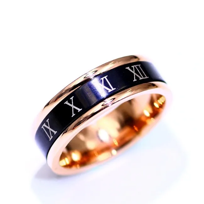 Фото Новинка 2021 простое кольцо из титановой стали розовое золото черное с римскими