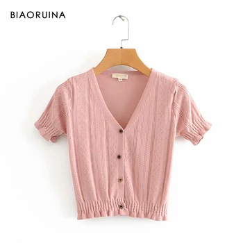 BIAORUINA Women's Solid Color V-neck Hollow Out Short-sleeved Thin Knitted Cardigan Women Casual Single Breasted Sweater 
BIAORUINA Women's Solid Color V-neck Hollow Out Short-sleeved Thin Knitted Cardigan Women Casual Single Breasted Sweater