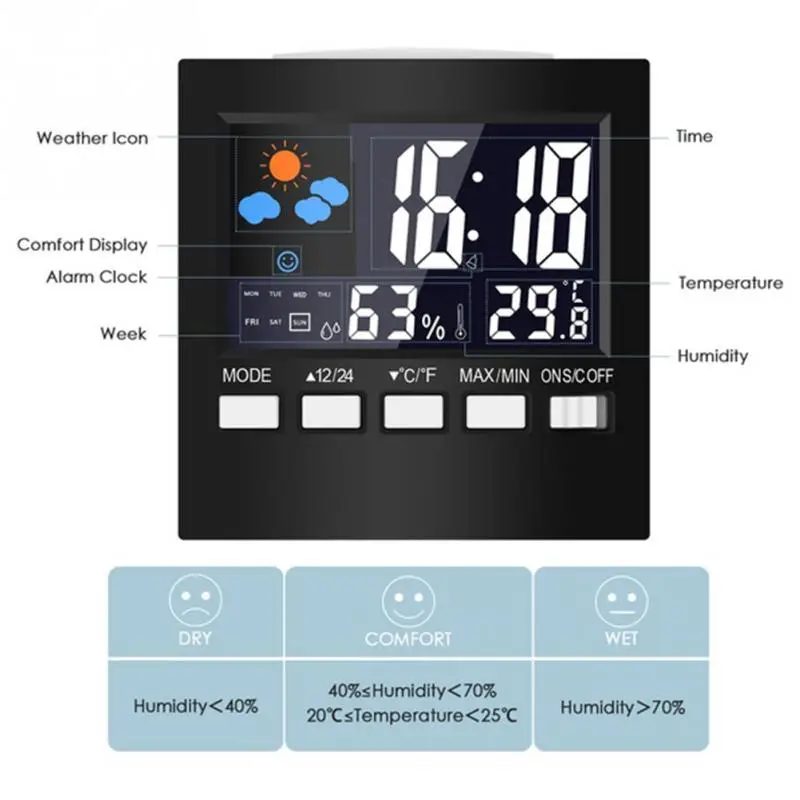 LCD Screen Thermometer Clocks Indoor Humidity Travel Backlight Monitor Electronic Digital Display Temperature Alarm Clock Calen
LCD Screen Thermometer Clocks Indoor Humidity Travel Backlight Monitor Electronic Digital Display Temperature Alarm Clock Calen